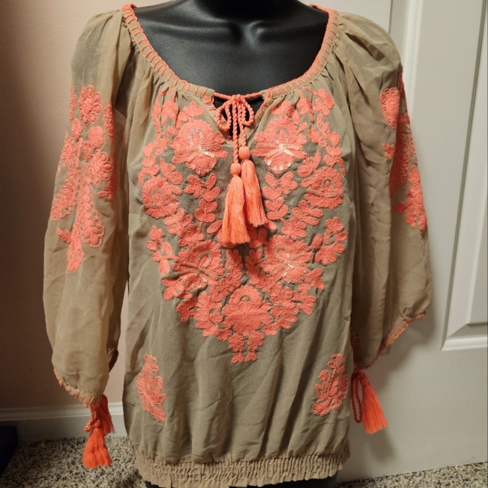VENUS Sheer Embroidered Sequin Top with Tassel Ties